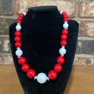 Vintage Red, White and Silver beaded necklace